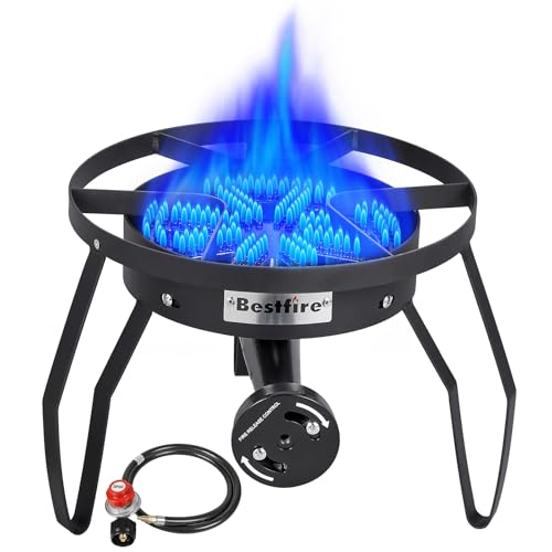 Comparison: Best Single Gas Burner 9 Bestfire 16" Single Propane Burner Camping Stove with 4 Feet High Pressure 0-20 PSI Gas Burner Adjustable Hose 200,000 BTU for Frying, Camping, Home Brewing and Turkey Frying