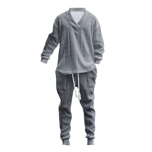 Men's 2 Piece Sweater Set Loose Outfits Long Sleeve V Neck Knitted Shirts Pants Sets Casual Jogger Track Suit