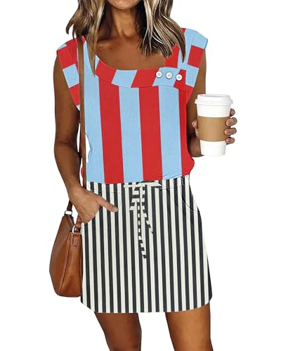 Image of SAUKOLE Womens Summer Dress Casual Cap Sleeve Square Neck Buttons Short Dress with Pockets Loose Drawstring Waist Dresses