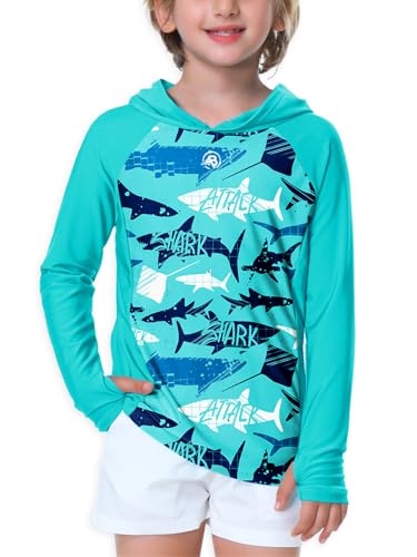 Image of AOBUTE Unisex Kids Long Sleeve Hoodie Rash Guard Boys UPF 50+ Swim Top with Thumb Hole 3-12 Years