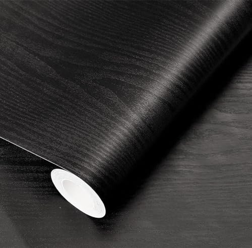 Image of CREON Black Wood Grain Contact Paper Peel and Stick Wooden Look Self-Adhesive Wallpaper for Cabinets Countertops Shelf (Black Wood, 12X50 in)