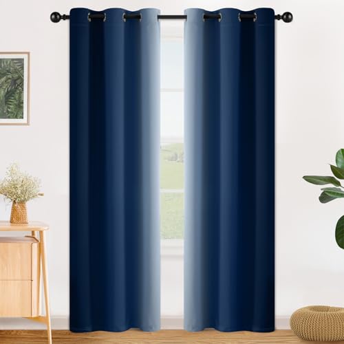 Image of SimpleHome Ombre Blue to Grey White Curtains for Living Room 42Wx84L | Room Darkening Curtains for Bedroom,Gradient Light Blocking Curtain,Thermal Insulated Grommet Window Drapes,2 Panels,84 Inch
