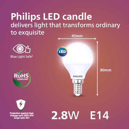 Image of PHILIPS 2.8W LED Frosted Candle Bulb | Cool White 6500K | E14 Base | Energy Efficient Decorative LED Light | Long Life & Instant Brightness | Pack of 10