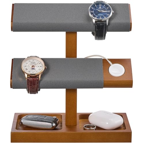 ProCase Wood Watch Display Stand Holder for Men, Wristwatch Tower with T-Bar Design, Hanging Watch Rack, Wooden Wrist Watch Tree 2-Tier Brown