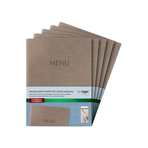 SIGEL SM211 Set di 5 Portamenù con cordino elastico e 2 tasche trasparenti per 8 fogli DIN A5, con stampa del menù, beige scuro