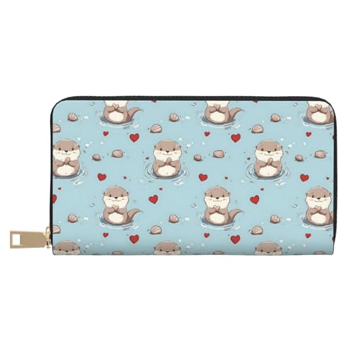 Leather Thin Slim Wallets for Women & Men - Cute Beaver Heart Print Card Wallet Holder with Zipper