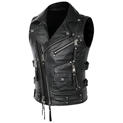 Chaleco de cuero natural marrón para hombre chaqueta sin mangas vintage biker slim fit S 1