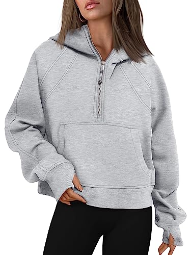 Trendy Queen Women Half Zip Cropped Hoodies Oversized Fleece Quarter Zip Up Pullover Sweatshirts Winter Clothes 2023 Fall Fashion Outfits Sweater Grey #TOP23