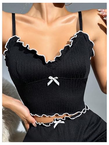 OYOANGLE Pijama feminino de malha canelada com acabamento com babados e alças finas para dormir, Pre