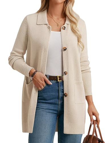 GRACE KARIN Women Fall Beige Cardiagn Sweater, Long Sleeve Knit Blazer, Open Front Button Up Jacket Business Casual M