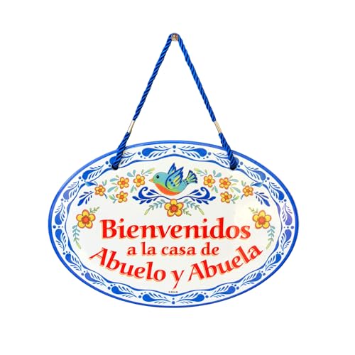 "Bienvenidos a la Casa de Abuelo y Abuela" Latino Traditional Artwork, Ceramic 8.75x6 inches Spanish Front Door Sign with Raised Relief Artwork, Latino Home Decoration & Regalos | by Oktoberfest Haus