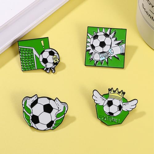 Image of 4Pcs Cartoon Football Sports Brooch, Holding A Football, Scoring A Goal, Enamel Pin, Kicking a Football, Crown Lapel Pin, Alloy Backpack Pin, Suitable for Cool Pins, Suitable for Daily Clothes, Bags, Hats Decoration, Party Gifts Collection