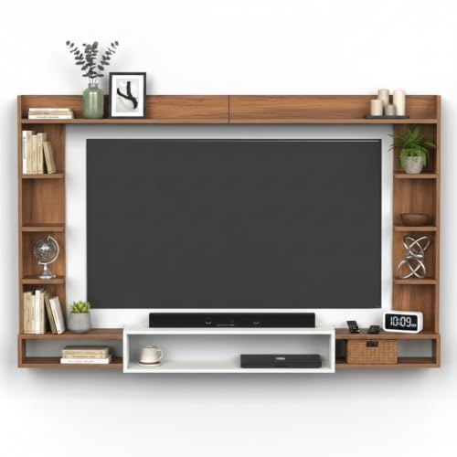 Image of FURNEASER TV Unit for Living Room Upto 60 Inches | Oreleaa Engineered Wood Wooden TV Cabinet | Modern TV Stand, TV Table & Entertainment Center with Storage & Display Shelves (Exotic Teak & White)