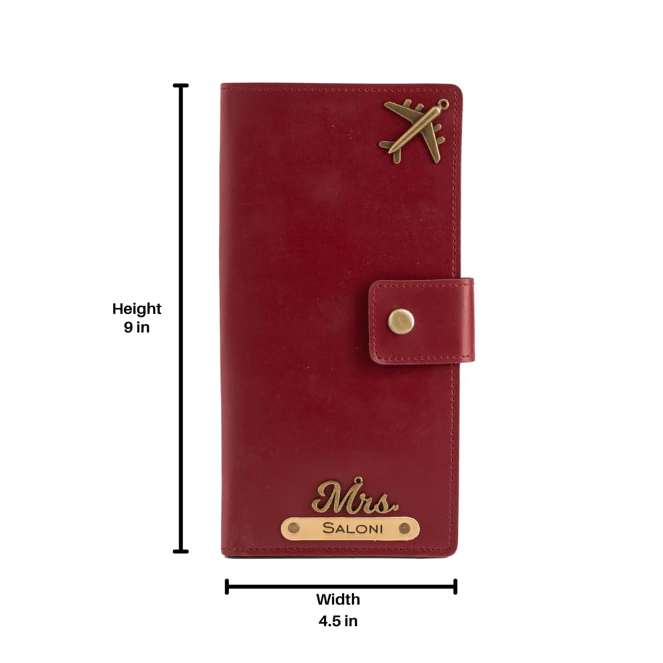 Image of Aica Personalized Name & Charm Long Leather Wallet Passport Cover (Wine) with Passport Boarding Pass Card Slot & Coin Holder for Men & Women | Birthday Anniversary Travels Gifts for Women Sis Wife Mom