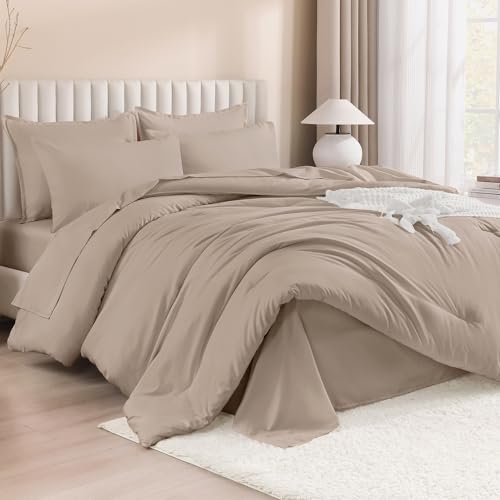 Image of Litanika Full Size Comforter Sets Light Coffee - 7 Pieces Bed in a Bag Beddding Sets, Solid Lightweight Bed Set with Comforter, Sheets, Pillowcases & Shams