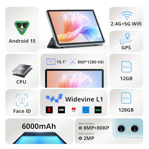 Image of Android Tablet, 10.1 Inch Android 15 Tablet,Octa-core, 12GB RAM 128GB ROM(Expandable to 1 TB), 800x1280 Resolution IPS Display,WiFi 6 & Bluetooth 5.0, Dual Speakers, 2MP+8MP,6000mAh, Blue