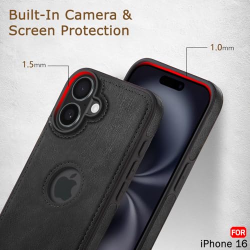 Image of TheGiftKart Genuine Leather Finish Back Cover Case for iPhone 16 | Shockproof Design | Raised Edges for Camera & Screen Protection | Stunning Minimalist Design Back Case Cover (Black Sides, Black)