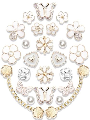 Acwenie 24pcs Plastic Bling Shoe Charms Set –Pearl, Butterfly, Flower & Chain Decorations for Clogs & Sandals – Cute Accessories for Women & Girls Gift