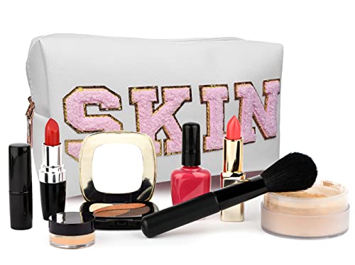 Sprt Cosmetic Bag Chenille Letter Patch,Nylon Makeup Bag With Glitter Letter Patch,Waterproof Portable Toiletry Bag Makeup Organizer For Storage Purse Travel Gift White #TOP1