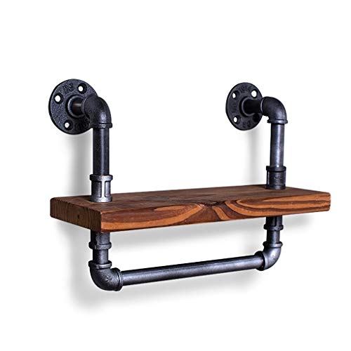 Estanterías para estantes industriales Montadas en la pared, barra para colgar, Toallero, soporte de tubos de hierro y placa de madera, Cuarto de baño retro pared arte decoración almacenamiento
