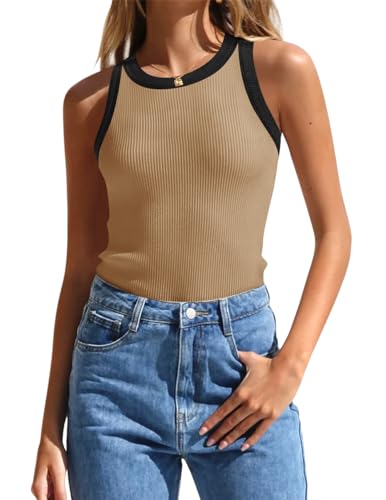 ZESICA Womens 2024 Summer Sleeveless Tank Tops Ribbed High Neck Racerback Slim Fitted Color Block Casual Shirts,Toffee,Small