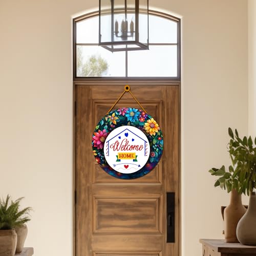 Image of GENXTRA Welcome Home Wall Hanging - Floral Round Wooden Door Sign for Entrance, Living Room & Home Decor