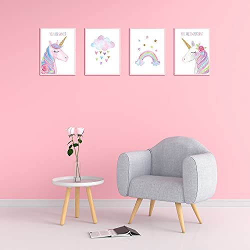 Watercolor Unicorn Nursery Wall Art Girls Room Decor Inspirational Rainbow Flower Prints Baby Girls Room Poster Colorful Picture Cute Paintings For Kids Room Lovely Gift (8X10 Inch，Set Of 4，Unframed) #TOP1