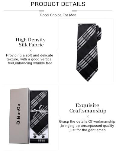Image of DiBanGu Plaid Ties for Men Silk Checkered Necktie and Pocket Square Cufflinks Tie Clip Set with Gift Box for Wedding Business