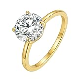 MoiuVieg Round Cut Cubic Zirconia Ring for Women 14K Gold Plated 925 Sterling Silver Solitaire Engagement Ring Classic 1CT CZ Wedding Band Promise Ring for Her Size 5