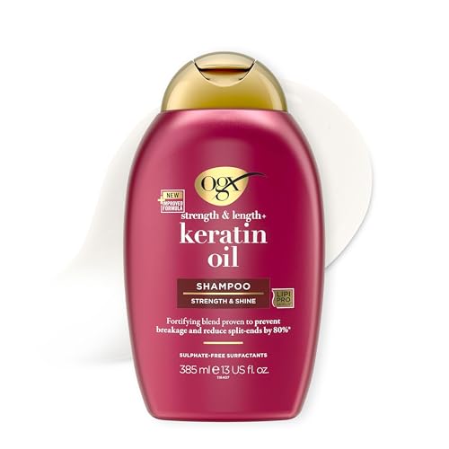 OGX Keratin Oil Shampoo kräftigendes Anti Haarbruch Shampoo mit Keratin Öl für strapaziertes Haar bei Haarbruch und Spliss, 385ml