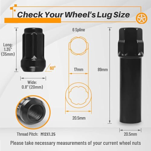 Image of 24pcs M12x1.25 Lug Nuts, Black Closed End Spline Lug Nuts with 1 Socket Key Compatible with Armada, Titan, Pickup Aftermarket Wheel