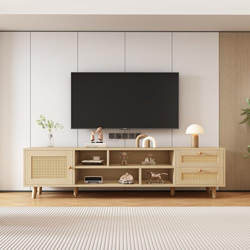 Fppuueg Mueble para TV de 160 cm, Soporte para TV de 75 Pulgadas con Puertas, Cajones y gestión de Cables, Armario Bajo con Espacio de Almacenamiento para Salón Dormitorio, Roble C