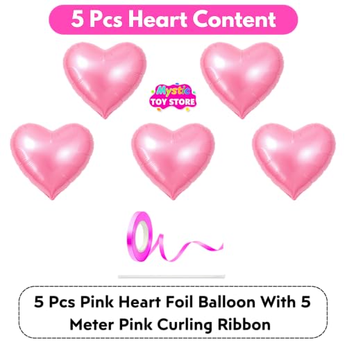 Image of Pack of 5 Heart Balloons for Happy Birthday Decoration Pink Kit Baby Boys Girls Kids Men Women Car Boot Living Room Heart Shaped Foil Balloon Set Items