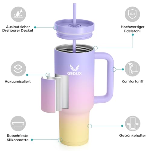 Image of Drinking Bottle with Straw, 1.2 L Thermal Mug with Handle, Leak-Proof | Double wall vacuum insulation, splash proof lid, non-slip silicone base, fits car cup holders