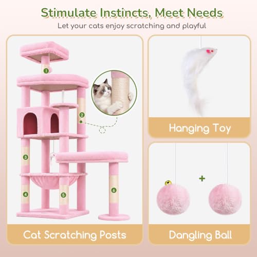 Image of Globlazer Extra Large Platform Cat Tree, 65in Sturdy Cat Scratching Tree for Indoor Cats Large Adult, Big Cat Perch Tower with 3 Padded Perches, 6 Scratching Posts, Cat Condo, Hammock, S65, Pink