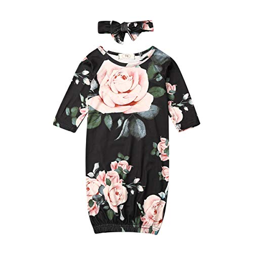 Image of Mubineo Newborn Infant Baby Girl Boy Floral Print Cotton Sleeper Gown with Headband Outfits