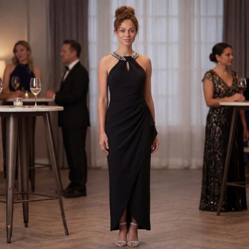 Image of S.L. Fashions Women's Long Cocktail Dress with Embellished Halter Neckline, Wedding Guest, Party (Petite and Regular Sizes)