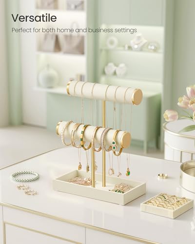 Image of SONGMICS Bracelet Holder Stand, Jewelry Display Stand, Jewelry Organizer, with 2 Tiers and Velvet Tray, Removable Ring Holder, Cream White and Pale Gold UJJS039W101