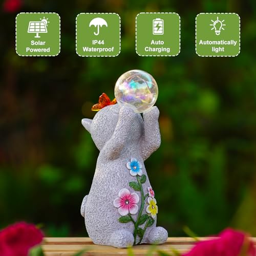 Lampe solaire de jardin chat statue étanche déco extérieure et boule LED - 5