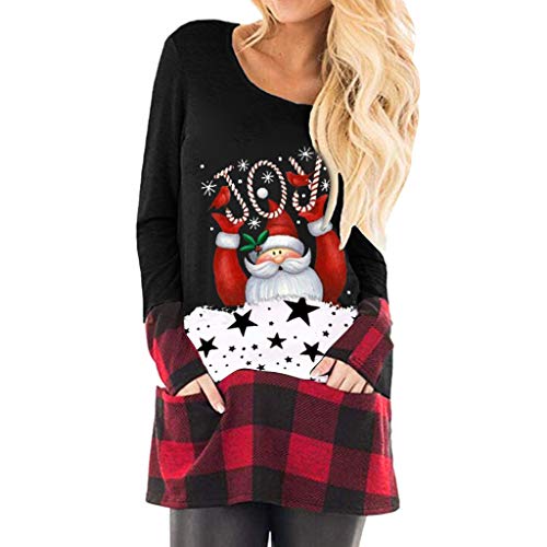Preisvergleich Produktbild LOPILY Weihnachtspullover Damen Karierte Weihnachtspullis Damen mit Süß Santa Claus Oberteile Locker mit Beutel Christmas Pullover Hässliche Weihnachtspullover Winter Rundhalspullover (Schwarz, M)