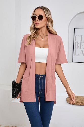 Image of Iandroiy Women's Lightweight Open Front Cardigans Casual Short Sleeve Blouse Tops