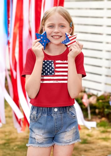 Image of BesserBay Kids Girls 4th of July Crop Tops American Flag Red White Blue Patriotic Bows USA Flag T-Shirts 6-14 Years