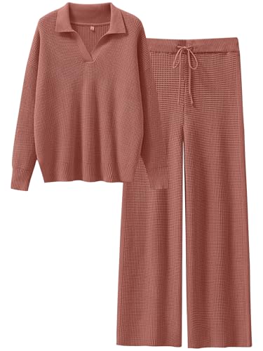 Image of ANRABESS Women Two Piece Outfits Sweater Sets Lounge Waffle Knit Pullover Matching Wide Leg Pants Tracksuit 2025 Fall Fashion