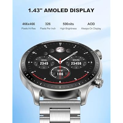 RIVERSONG Smart Watch for Men, 1.43 AMOLED Display with Bluetooth Calling, Heart Rate, Sleep, and SpO2 Monitor, 100+ Sports Modes, for iPhone/Android, Titanium Silver