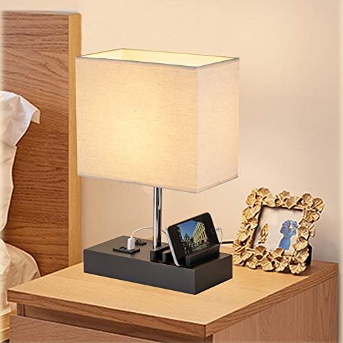 Briever USB Bedside Table Lamp, Desk Lamp with 3 USB Charging Ports and Phone Charge Dock, Black Wood Charging Station and Organizer, Perfect Light for Bedroom, Guest Room, Living Room, Office
