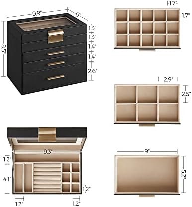 SONGMICS Jewelry Box Organizer with Glass Lid, 4-Layer Jewelry Storage, with 3 Drawers, Modern Style, 6 x 9.9 x 8.5 Inches, Graphite Black and Gold Color UJBC161B02