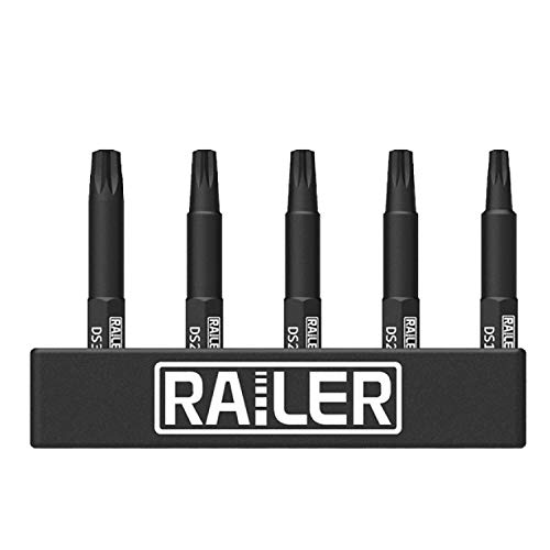 Railer 5 Pack Double Square Trailer Bit Set. Premium S2 Steel 2 Inch 8 Spline Double Square Bit Set With Quick Release Shank and a Storage Bitrail