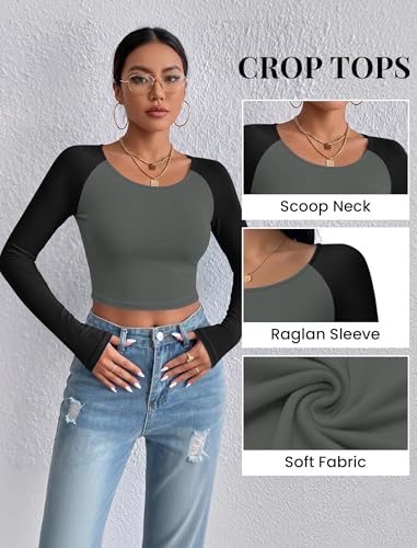 Ekouaer Crop Long Sleeve Tops for Women Thermal Shirts Slim Fit Scoop Neck Casual Outfits Grey Black Combo XXL — view 6