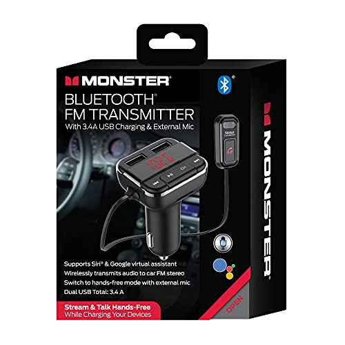 Monster Bluetooth Fm Transmitter With 3.4 Amp Usb Charging And External Mic, Two Ports, Hands-Free Calls, Siri, Google Assistant, Flash Drive, Microsd Card, Music File Support, Mp3, Wma, Wav, Flac, #TOP5