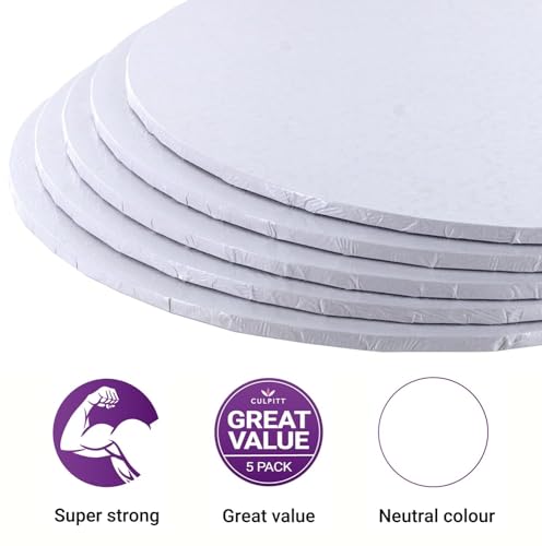 Culpitt 12" White Masonite Cake Board, Strong Round Cake Board, Cake Drum, 4mm Thick, 300mm, 12 Inch - Pack of 5